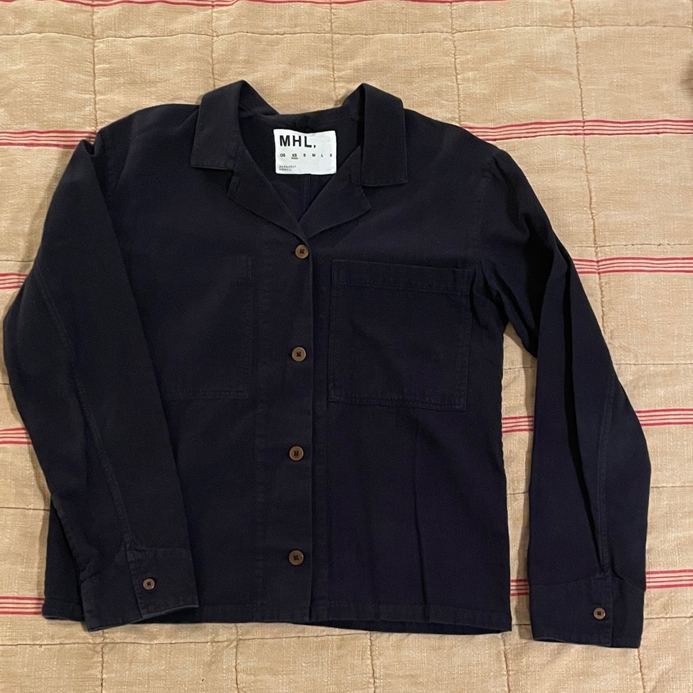 Beautiful navy MHL by Margaret Howell shirt jacket with patch pockets. XS